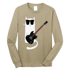 Funny Cat Wearing Sunglasses Playing Electric Guitar Long Sleeve Shirt