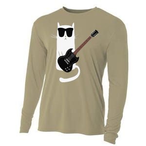 Funny Cat Wearing Sunglasses Playing Electric Guitar Cooling Performance Long Sleeve Crew