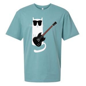 Funny Cat Wearing Sunglasses Playing Electric Guitar Sueded Cloud Jersey T-Shirt