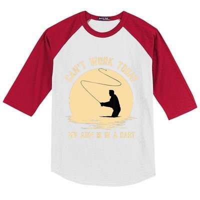 Funny Can't Work Today My Arm Is In A Cast Shirt Funny Fly Fishing Meme Shirt Kids Colorblock Raglan Jersey