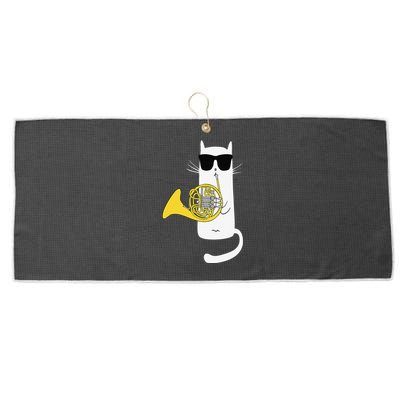 Funny Cat Wearing Sunglasses Playing French Horn Large Microfiber Waffle Golf Towel