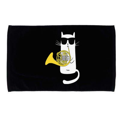 Funny Cat Wearing Sunglasses Playing French Horn Microfiber Hand Towel