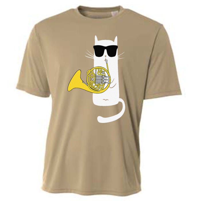 Funny Cat Wearing Sunglasses Playing French Horn Cooling Performance Crew T-Shirt