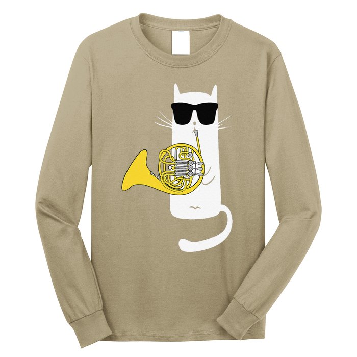 Funny Cat Wearing Sunglasses Playing French Horn Long Sleeve Shirt