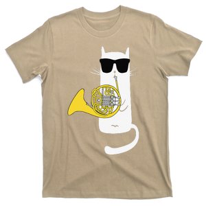 Funny Cat Wearing Sunglasses Playing French Horn T-Shirt