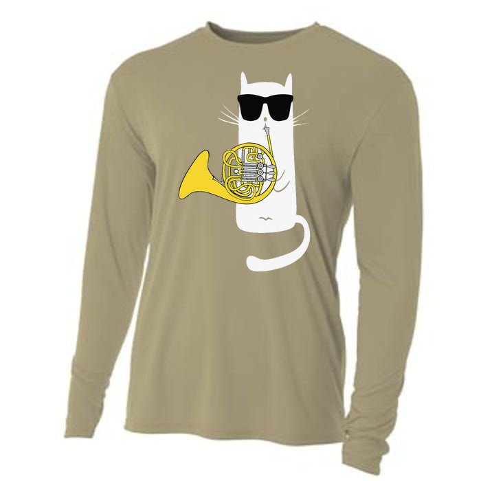 Funny Cat Wearing Sunglasses Playing French Horn Cooling Performance Long Sleeve Crew