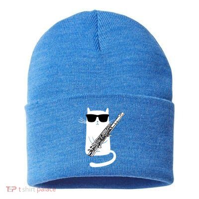 Funny Cat Wearing Sunglasses Playing Flute Great Gift Sustainable Knit Beanie