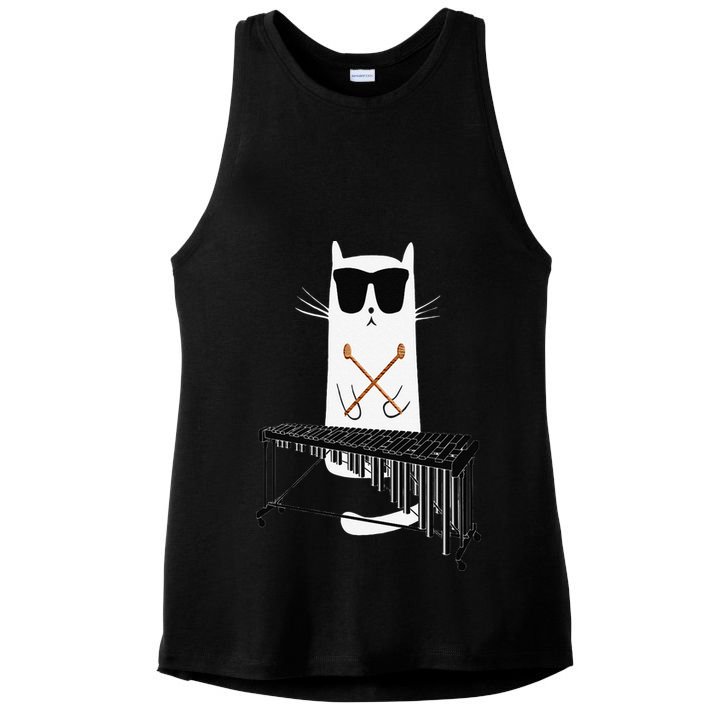 Funny Cat Wearing Sunglasses Playing Marimba Ladies PosiCharge Tri-Blend Wicking Tank
