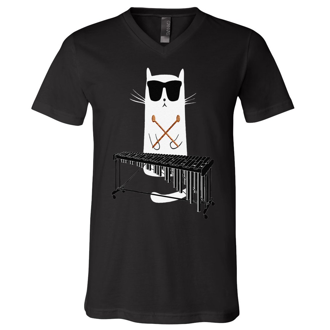 Funny Cat Wearing Sunglasses Playing Marimba V-Neck T-Shirt