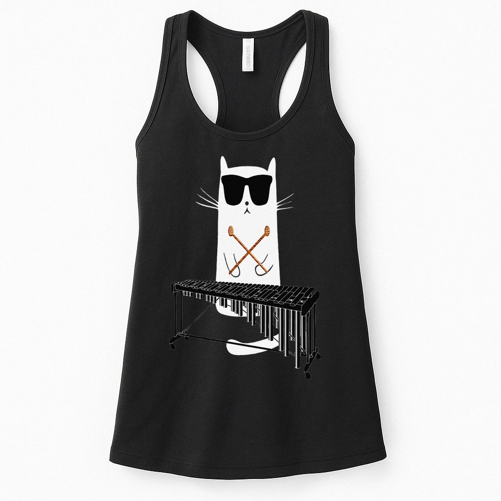 Funny Cat Wearing Sunglasses Playing Marimba Womens Tank Top