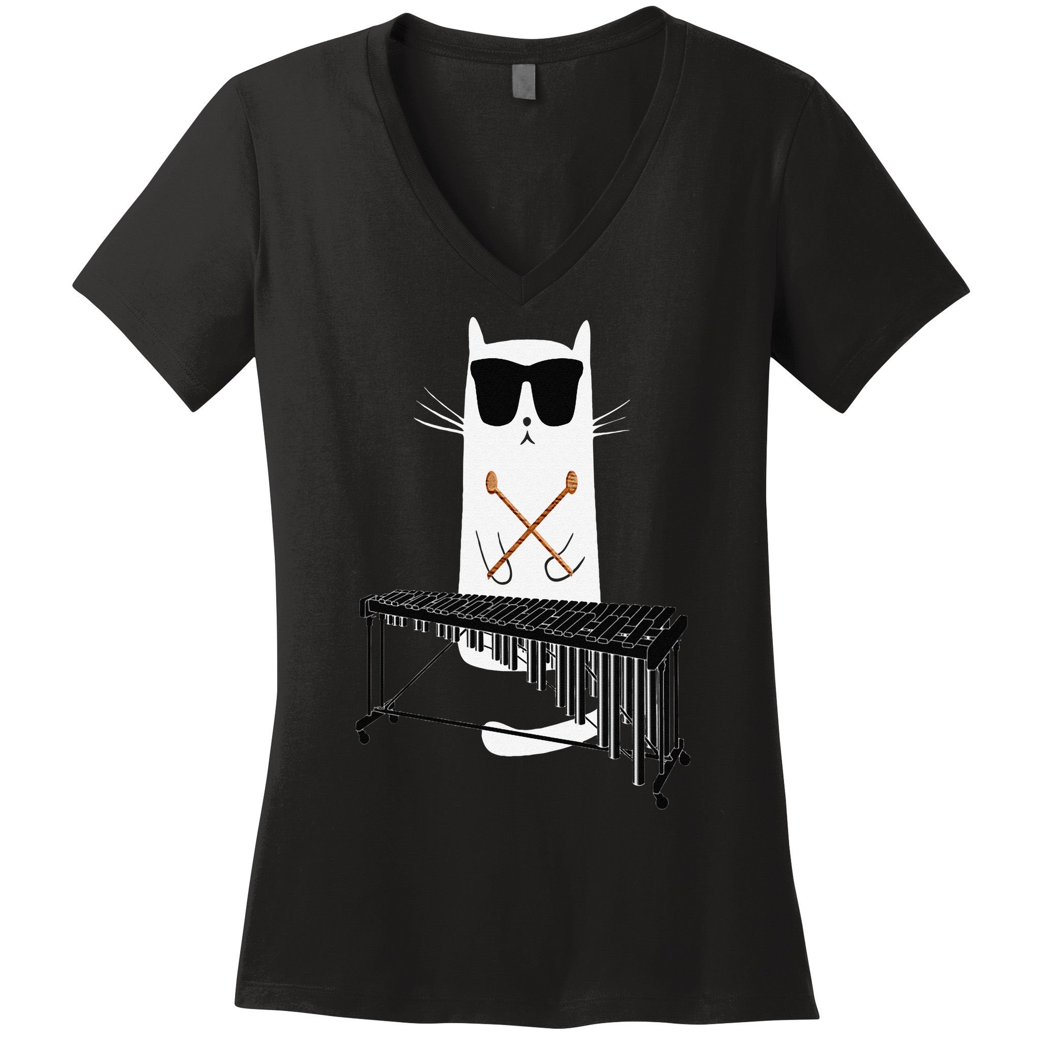 Funny Cat Wearing Sunglasses Playing Marimba Women's V-Neck T-Shirt