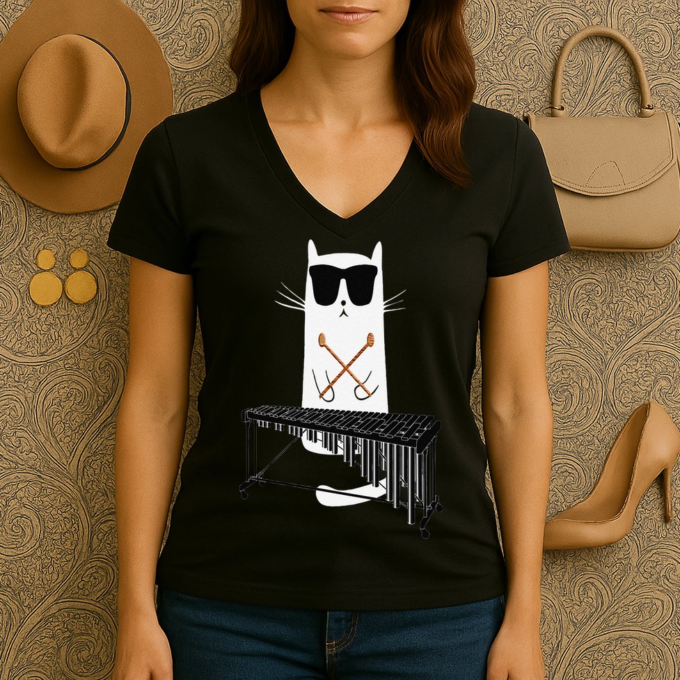 Funny Cat Wearing Sunglasses Playing Marimba Women's V-Neck T-Shirt