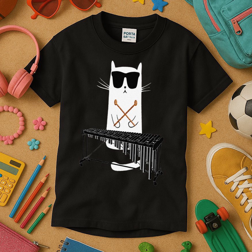Funny Cat Wearing Sunglasses Playing Marimba Kids T-Shirt