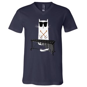 Funny Cat Wearing Sunglasses Playing Marimba V-Neck T-Shirt