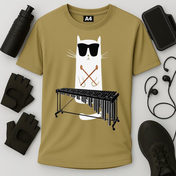 Funny Cat Wearing Sunglasses Playing Marimba Cooling Performance Crew T-Shirt