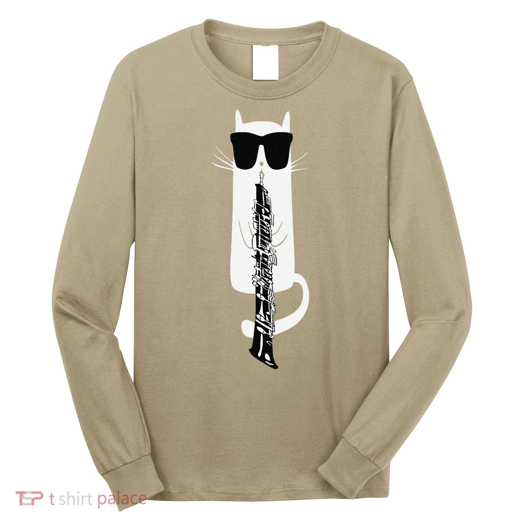 Funny Cat Wearing Sunglasses Playing Oboe Long Sleeve Shirt