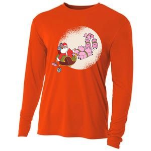 Funny Christmas When Pig Fly Oinkers Pulling Sleigh Gift Cooling Performance Long Sleeve Crew