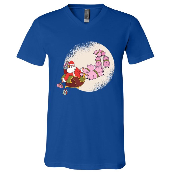 Funny Christmas When Pig Fly Oinkers Pulling Sleigh Gift V-Neck T-Shirt