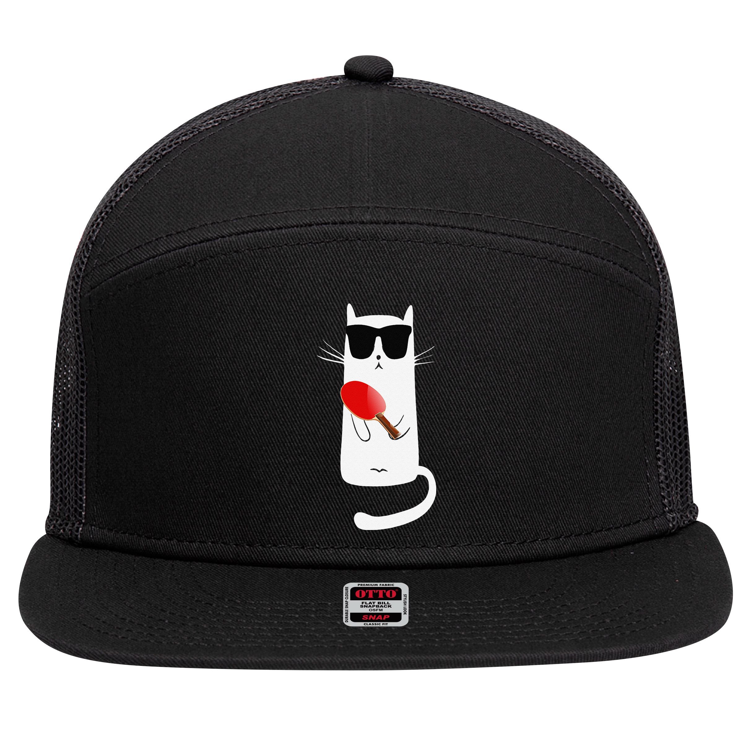 Funny Cat Wearing Sunglasses Playing Ping Pong 7 Panel Mesh Trucker Snapback Hat