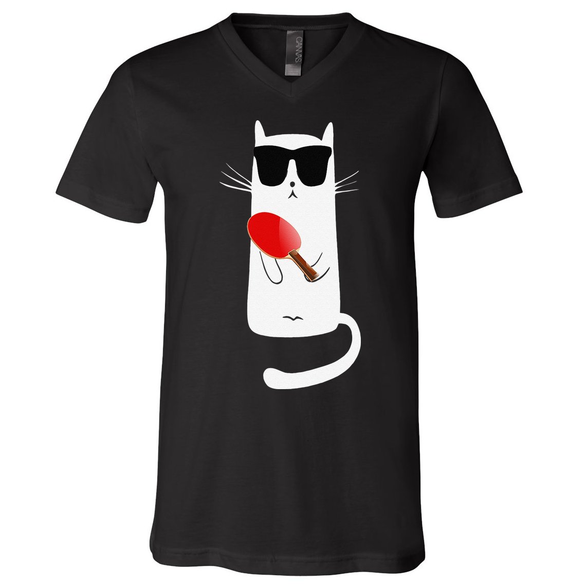 Funny Cat Wearing Sunglasses Playing Ping Pong V-Neck T-Shirt