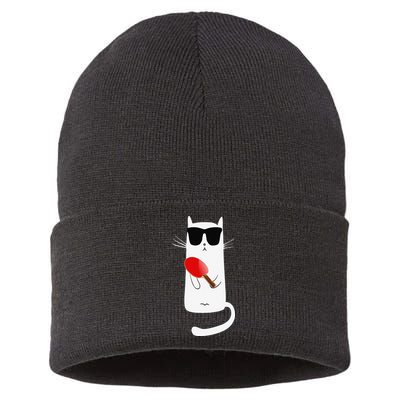 Funny Cat Wearing Sunglasses Playing Ping Pong Sustainable Knit Beanie