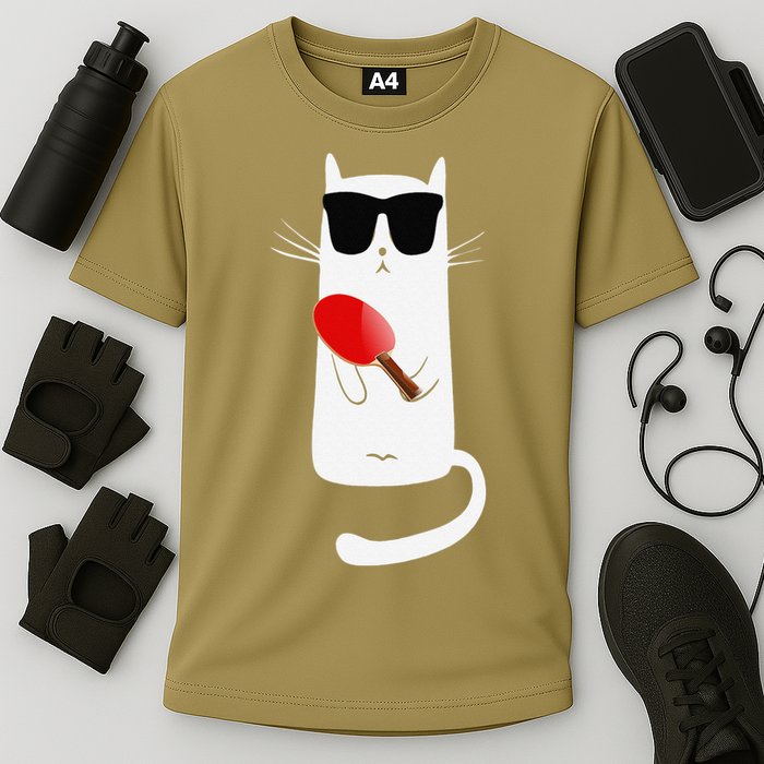 Funny Cat Wearing Sunglasses Playing Ping Pong Cooling Performance Crew T-Shirt