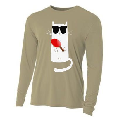 Funny Cat Wearing Sunglasses Playing Ping Pong Cooling Performance Long Sleeve Crew