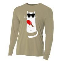 Funny Cat Wearing Sunglasses Playing Ping Pong Cooling Performance Long Sleeve Crew