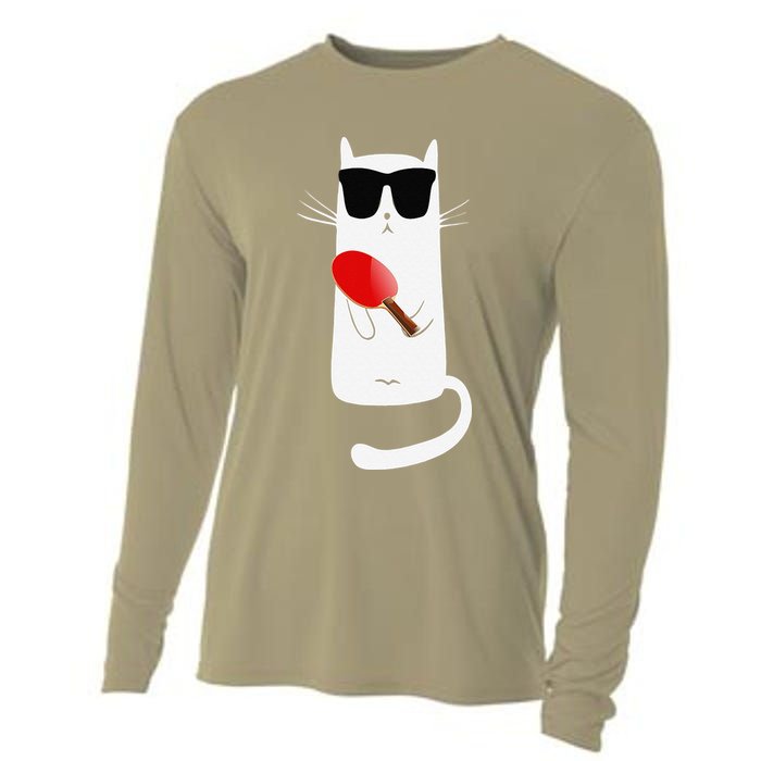 Funny Cat Wearing Sunglasses Playing Ping Pong Cooling Performance Long Sleeve Crew