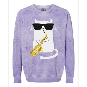 Funny Cat Wearing Sunglasses Playing Saxophone Gift Colorblast Crewneck Sweatshirt