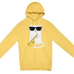 Funny Cat Wearing Sunglasses Playing Saxophone Gift Premium Pullover Hoodie