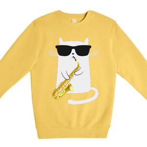 Funny Cat Wearing Sunglasses Playing Saxophone Gift Premium Crewneck Sweatshirt