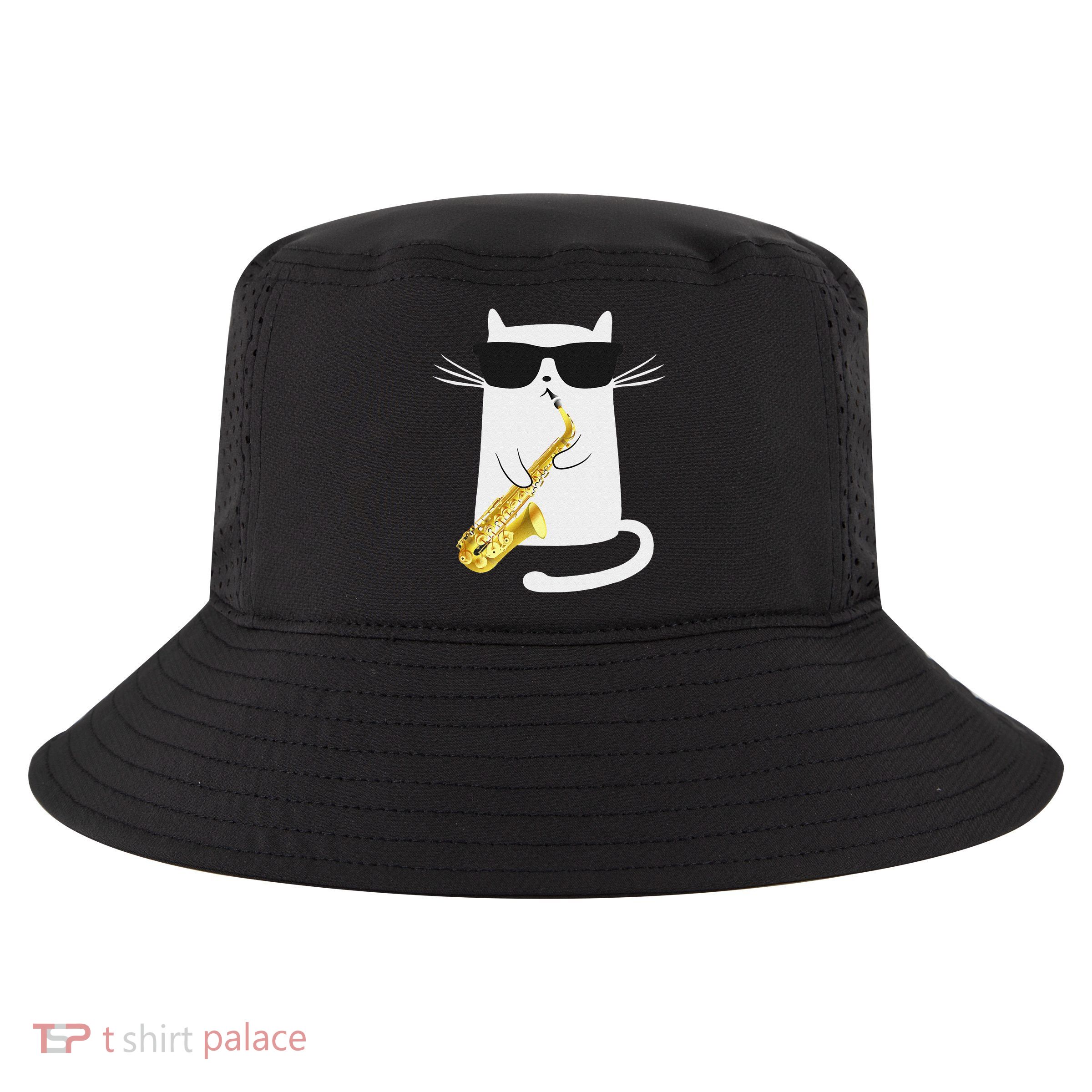 Funny Cat Wearing Sunglasses Playing Saxophone Gift Cool Comfort Performance Bucket Hat