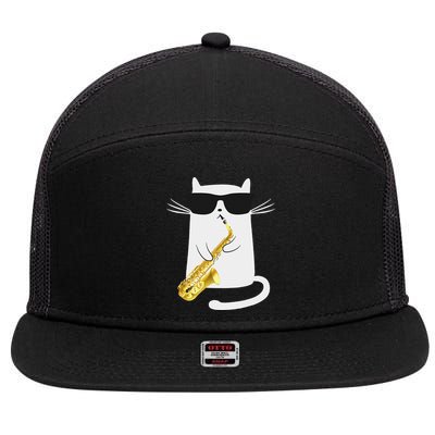 Funny Cat Wearing Sunglasses Playing Saxophone Gift 7 Panel Mesh Trucker Snapback Hat