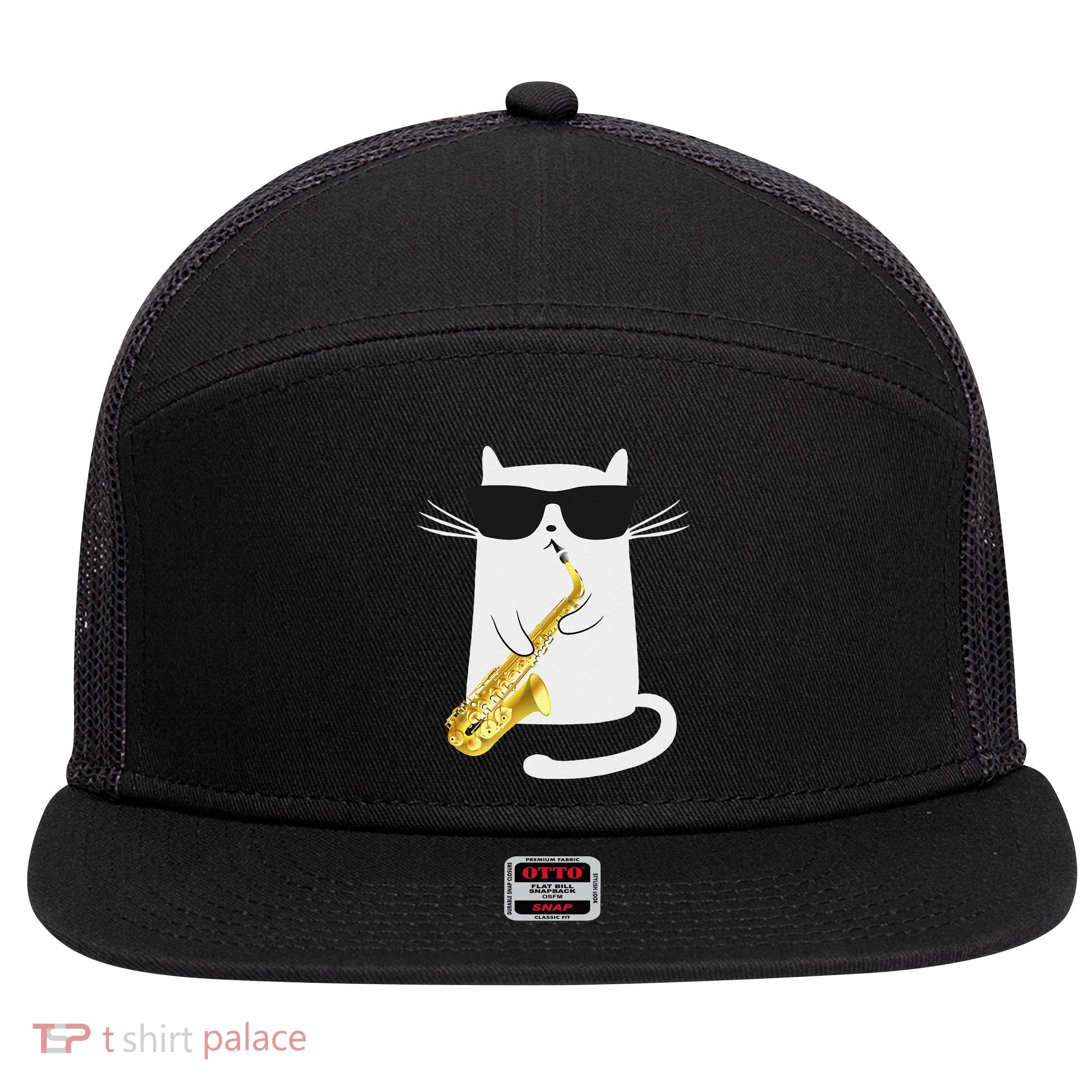 Funny Cat Wearing Sunglasses Playing Saxophone Gift 7 Panel Mesh Trucker Snapback Hat