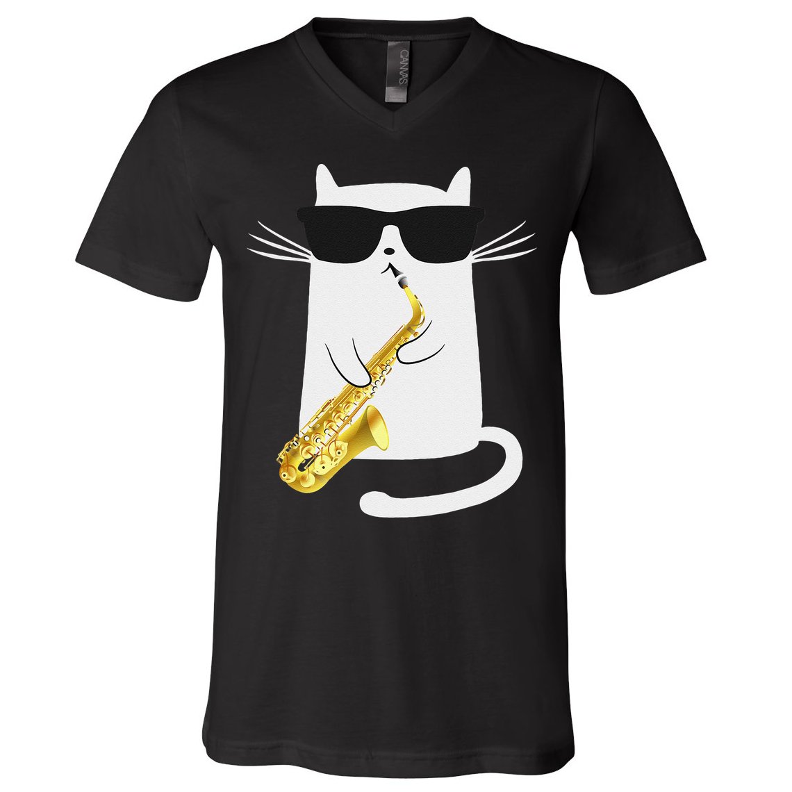 Funny Cat Wearing Sunglasses Playing Saxophone Gift V-Neck T-Shirt