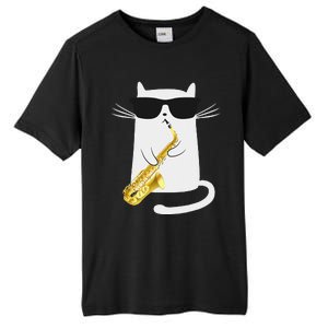 Funny Cat Wearing Sunglasses Playing Saxophone Gift Tall Fusion ChromaSoft Performance T-Shirt