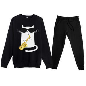 Funny Cat Wearing Sunglasses Playing Saxophone Gift Premium Crewneck Sweatsuit Set