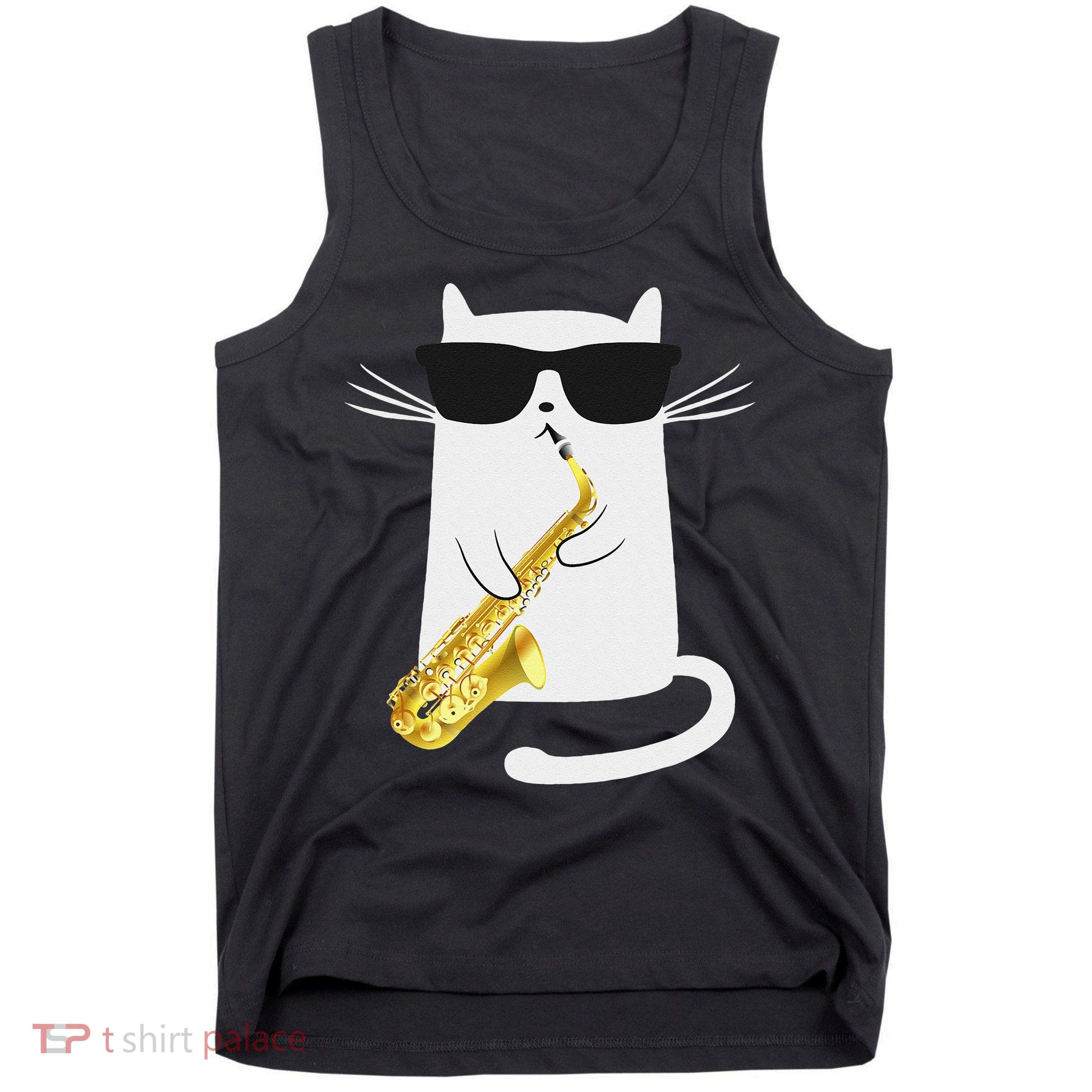 Funny Cat Wearing Sunglasses Playing Saxophone Gift Tank Top