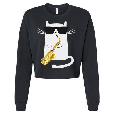 Funny Cat Wearing Sunglasses Playing Saxophone Gift Cropped Pullover Crew