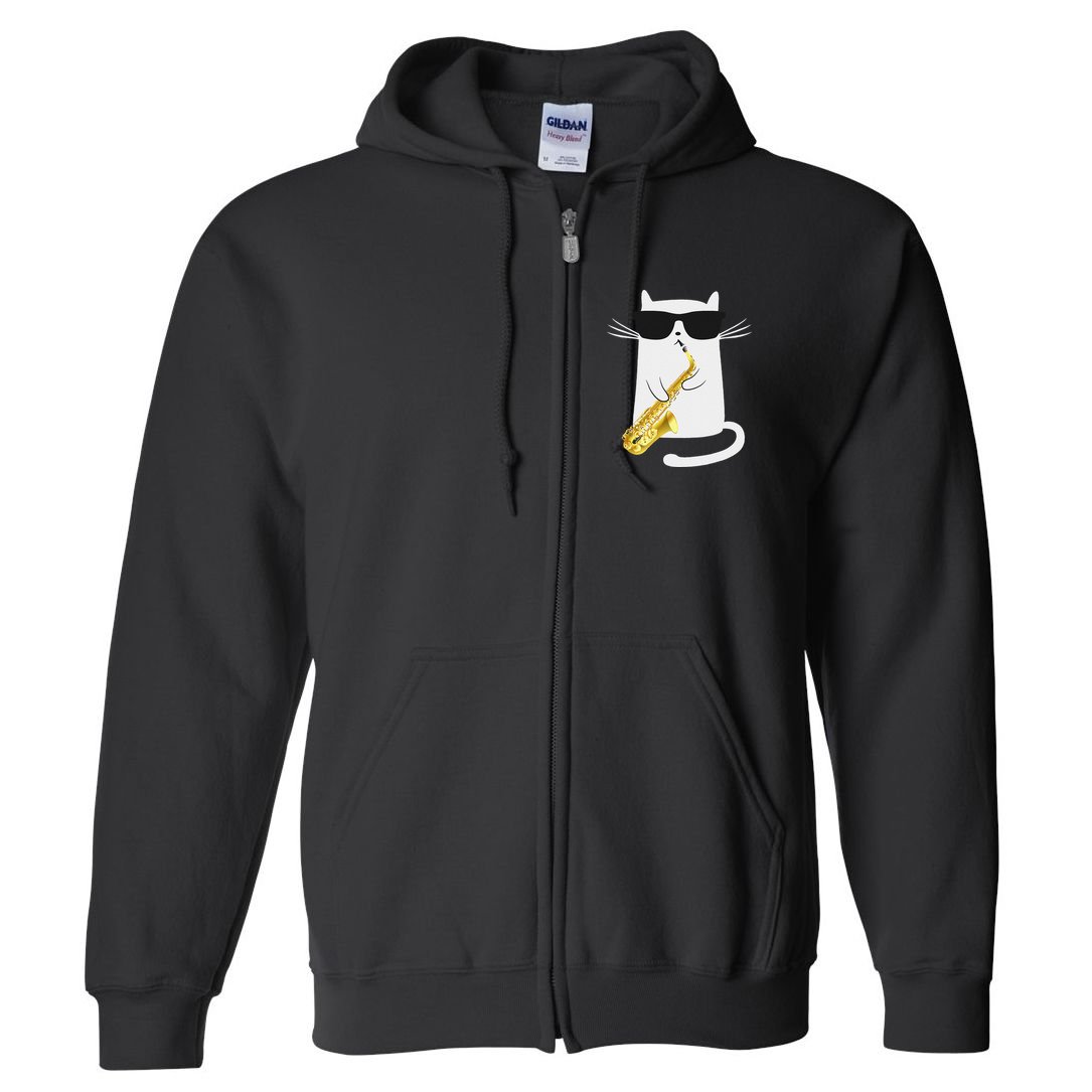 Funny Cat Wearing Sunglasses Playing Saxophone Gift Full Zip Hoodie