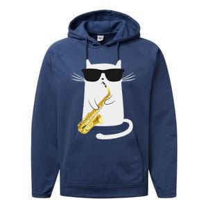 Funny Cat Wearing Sunglasses Playing Saxophone Gift Performance Fleece Hoodie