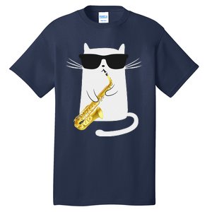 Funny Cat Wearing Sunglasses Playing Saxophone Gift Tall T-Shirt