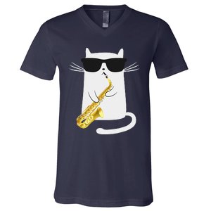 Funny Cat Wearing Sunglasses Playing Saxophone Gift V-Neck T-Shirt