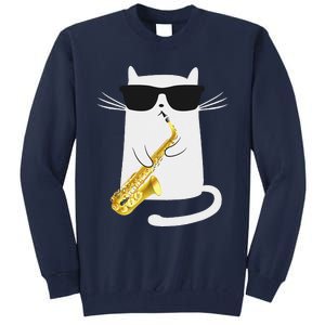 Funny Cat Wearing Sunglasses Playing Saxophone Gift Tall Sweatshirt