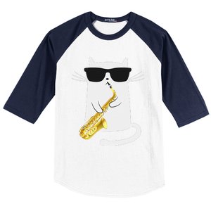 Funny Cat Wearing Sunglasses Playing Saxophone Gift Baseball Sleeve Shirt