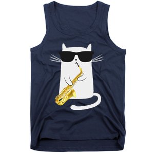 Funny Cat Wearing Sunglasses Playing Saxophone Gift Tank Top