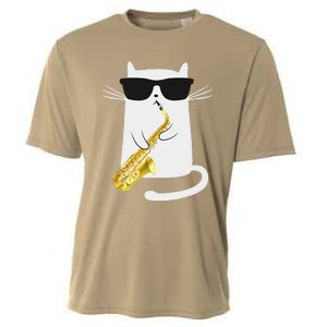 Funny Cat Wearing Sunglasses Playing Saxophone Gift Cooling Performance Crew T-Shirt