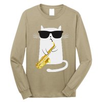 Funny Cat Wearing Sunglasses Playing Saxophone Gift Long Sleeve Shirt