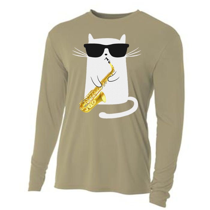 Funny Cat Wearing Sunglasses Playing Saxophone Gift Cooling Performance Long Sleeve Crew